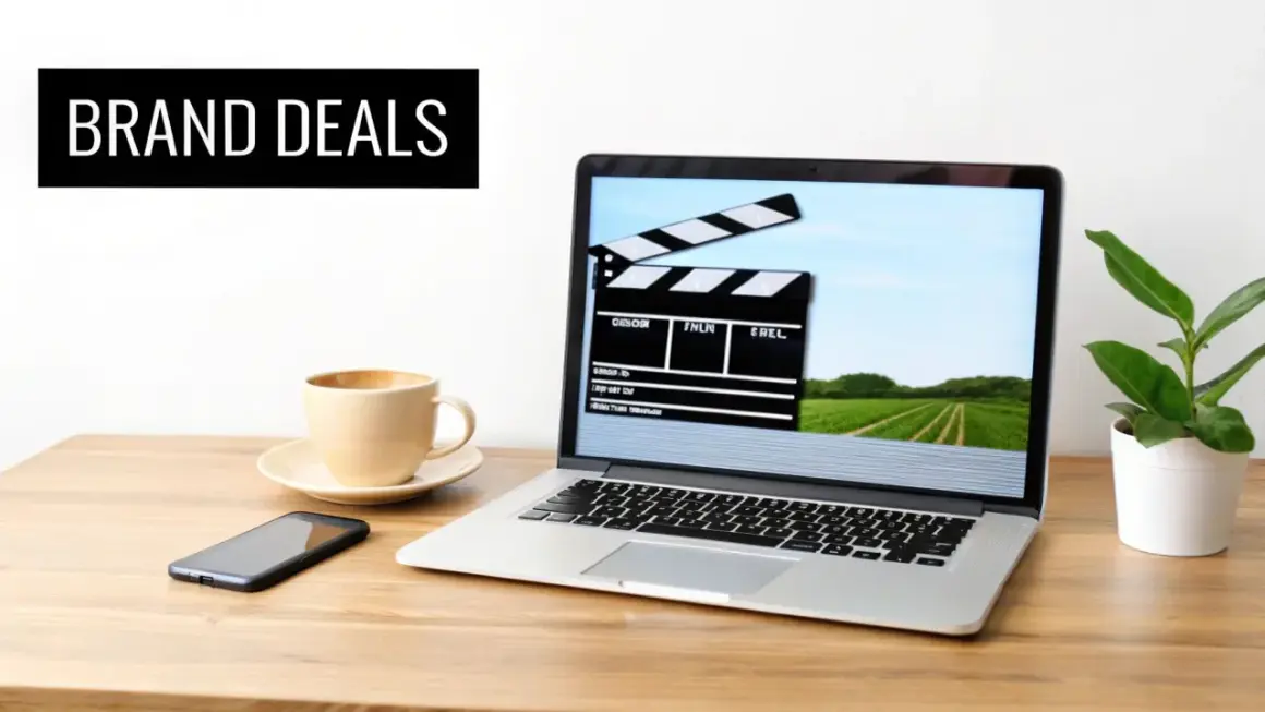 Laptop med filmklippstavla på skärmen, kaffe, mobil och en planta. Perfekt för att skapa insta reels med brand deals.