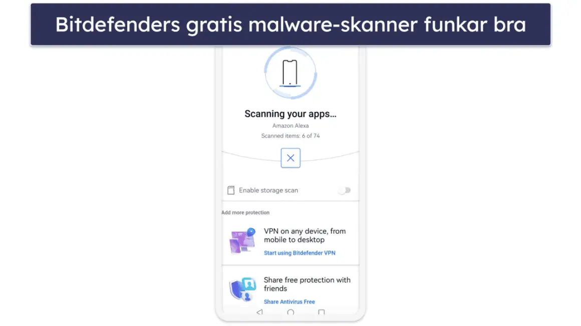 Bitdefender skannar appar på din Android. Ett gratis antivirusprogram som skyddar din enhet.