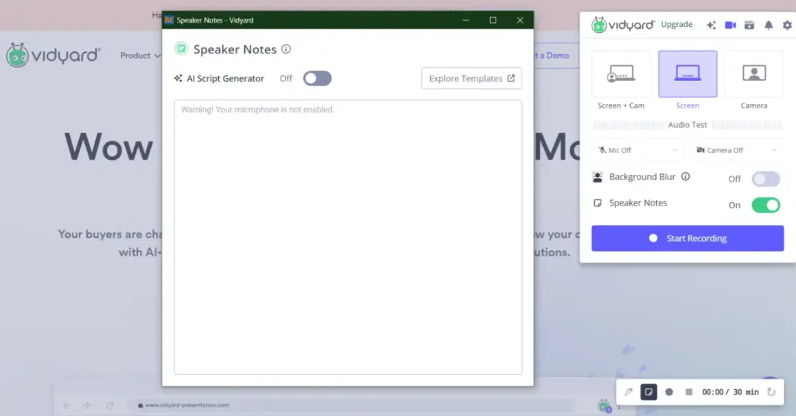 Förbered dig att spela in video på datorn med Windows 10. Välj skärminspelning, aktivera talaranteckningar och starta inspelningen.