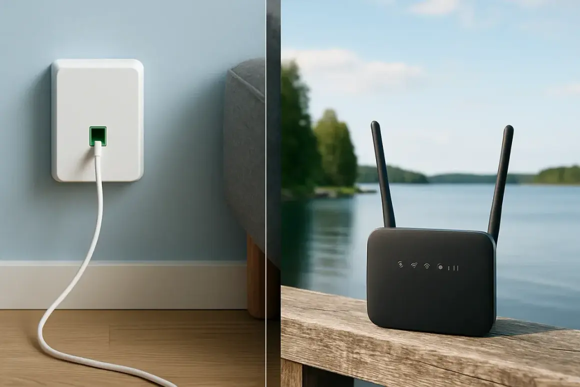 Välj mellan fiber eller mobilt bredband. En vit dosa med kabel på väggen och en svart router vid en sjö.