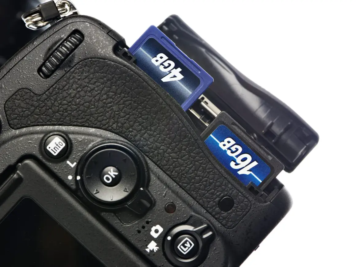 Nära bild på en digitalkamera med två SD-kort insatta, 4GB och 16GB. Förberedelser för att importera bilder från kamera till dator.