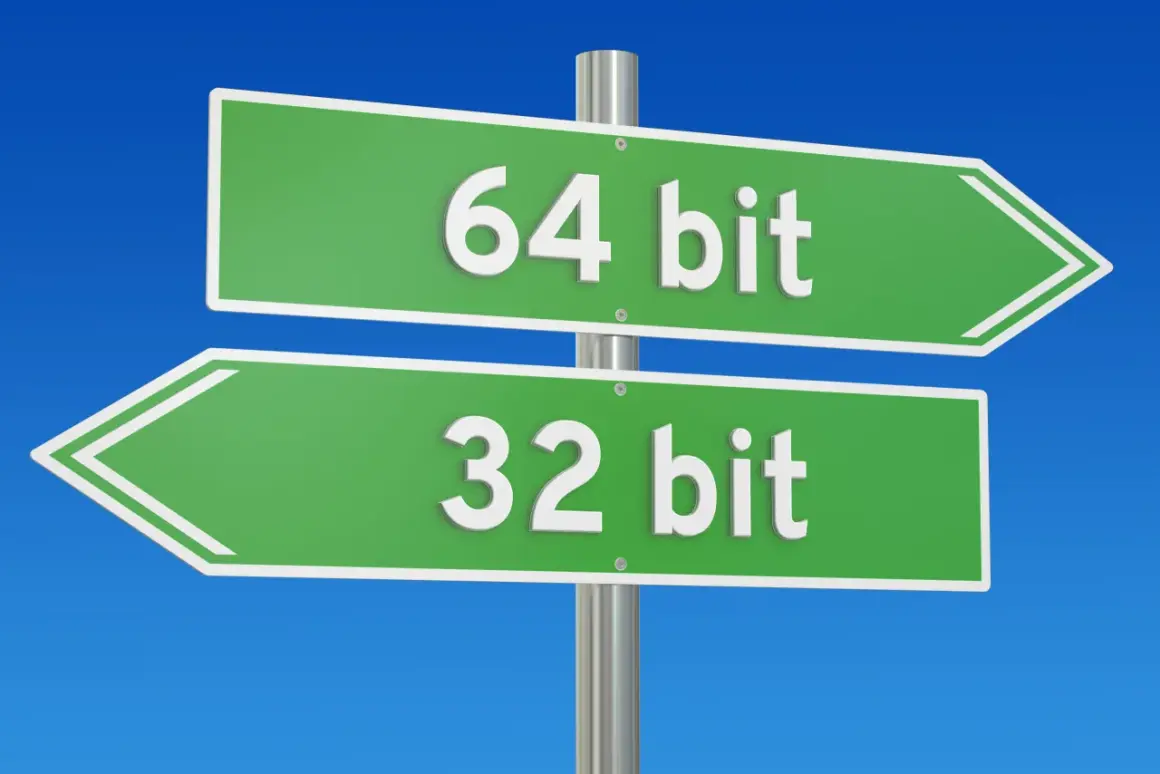 En vägskylt med två gröna pilar. En pil pekar åt höger med texten "64 bit" och den andra åt vänster med texten "32 bit".