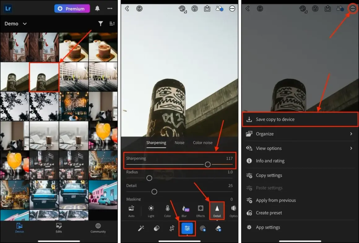 App-skärmar visar hur man justerar skärpa och detaljer i bilder, med alternativ för att **blurra bilder iPhone**.