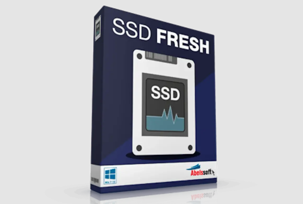 SSD FRESH-programvara för att defragmentera SSD. En stiliserad SSD-enhet visas på förpackningen.