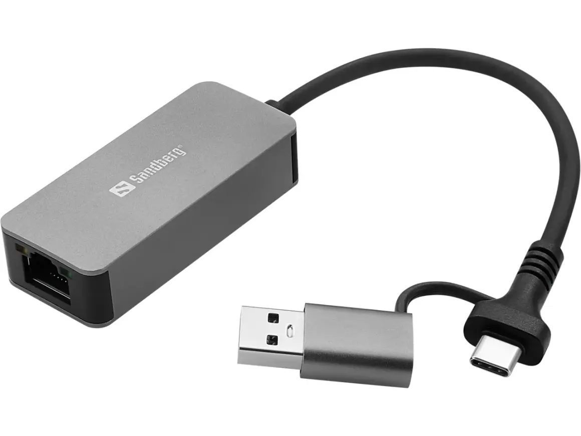 Sandberg nätverksadapter med USB-A och USB-C kontakter. Denna adapter visar vad betyder USB och hur det kan användas för att ansluta till nätverk.