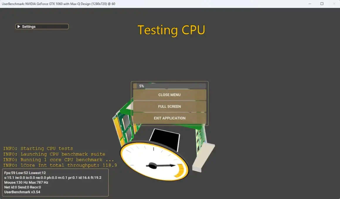 Programmet UserBenchmark kör tester för att testa datorns prestanda. En meny visar alternativ som "Close Menu" och "Full Screen".