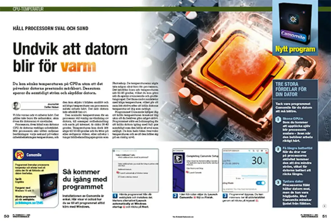Datorns processor med en orange värmeledande platta. Texten "Undvik att datorn blir för varm" och "kolla temperatur dator" finns i bilden.