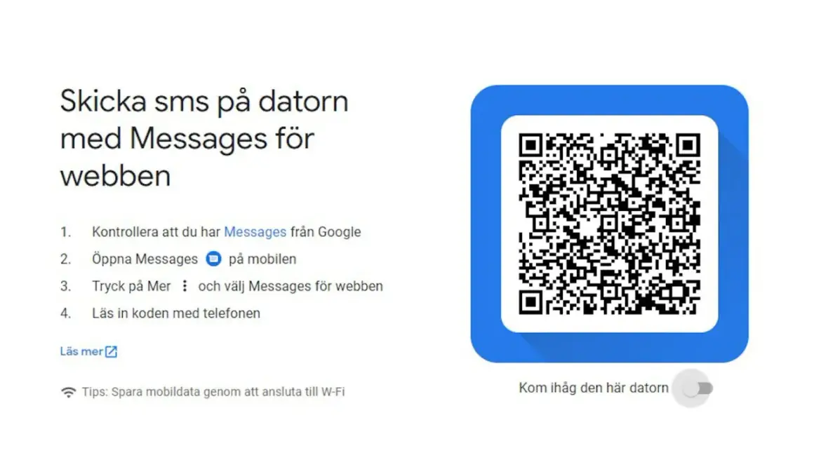 Instruktioner för att skicka sms från datorn med Messages för webben. En QR-kod visas för att koppla ihop enheten.