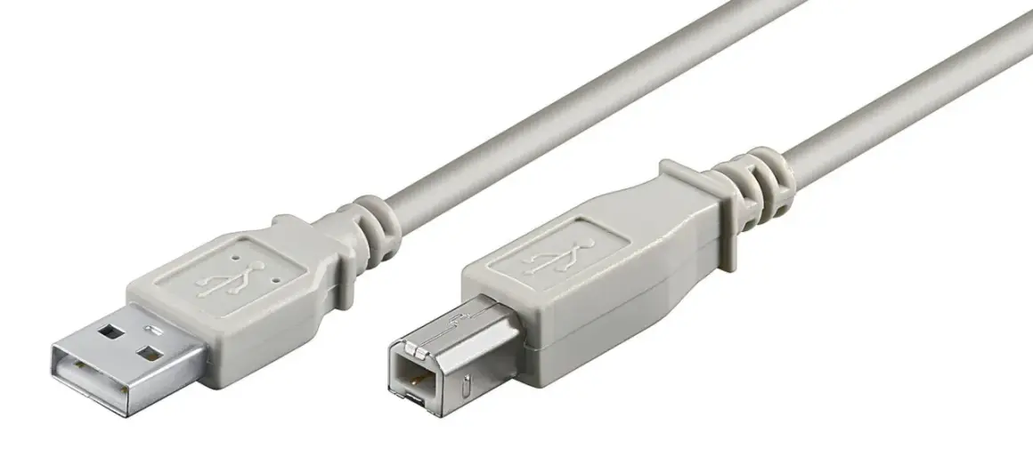 En grå USB-kabel med en USB A-port i ena änden och en USB B-port i den andra.