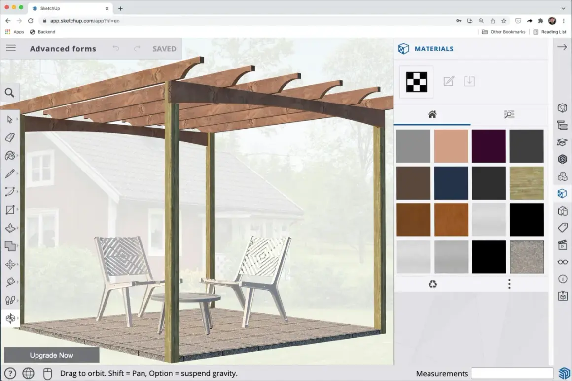 En 3D-modell av en pergola med två stolar och ett bord. Materialpaletten visar olika texturer, perfekt för att skapa ett bildspel gratis.