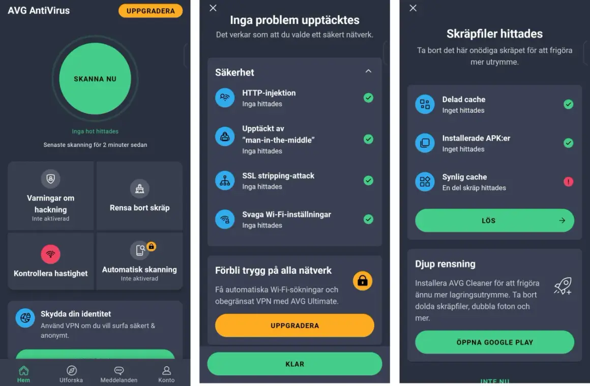 AVG antivirus för Android visar en säkerhetskontroll. Inga hot hittades, men appen föreslår att rensa skräpfiler.