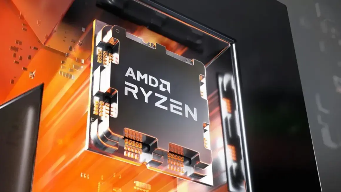 AMD Ryzen 7 5700X3D-processor, med sina gyllene kontakter och flammande orange bakgrund, redo att leverera otrolig prestanda.