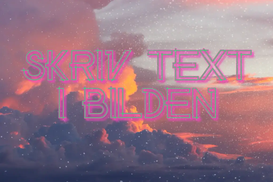 Skriv text på bild iPhone. Moln i solnedgång med texten "SKRIV TEXT I BILDEN" i neonrosa och grönt.