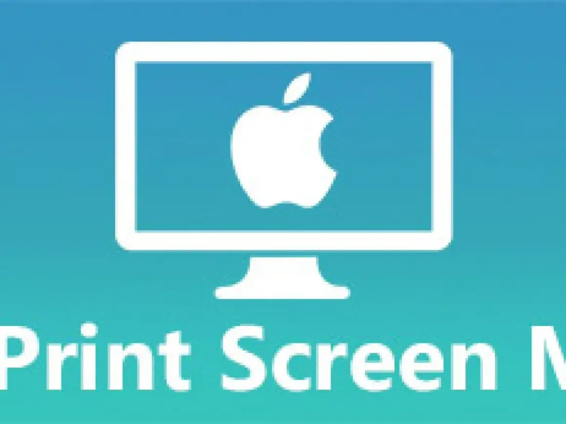 En vit datorskärm med ett Apple-logotyp på en blågrön bakgrund. Texten "Print Screen Mac" syns nedtill.