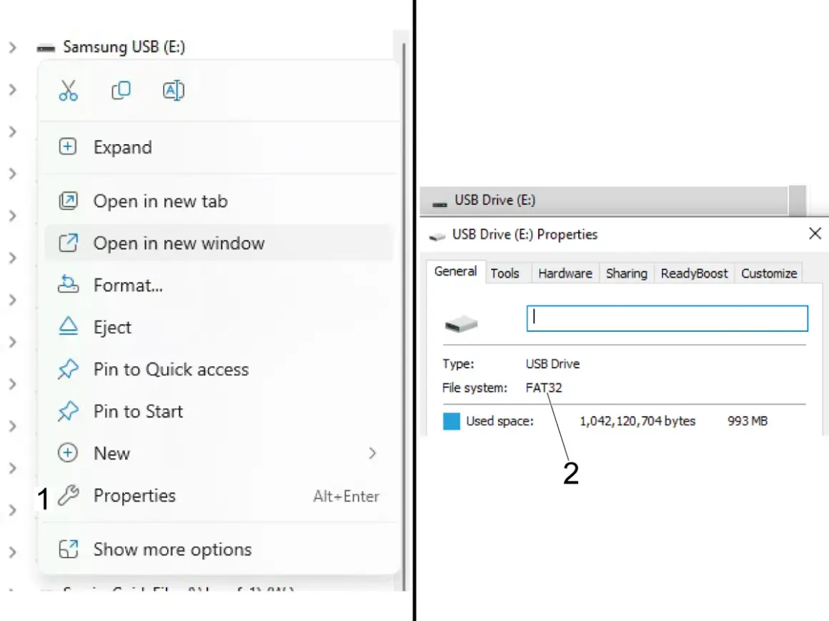 Egenskaperna för USB-enheten (E:) visar att filsystemet är FAT32.
