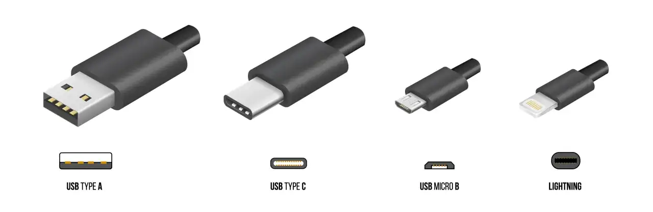 Olika USB-kontakter: en USB A-port, USB C, Micro B och Lightning.