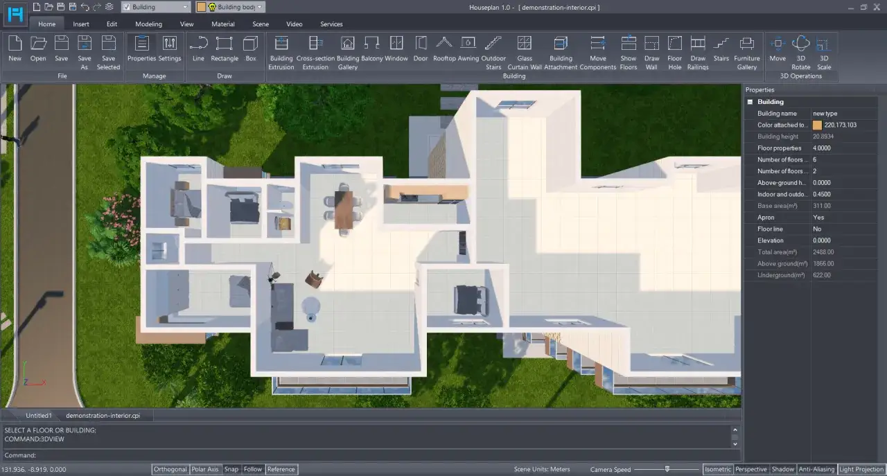 Gratis ritprogram f&ouml;r hus visar en 3D-planl&ouml;sning med m&ouml;bler och tr&auml;dg&aring;rd.