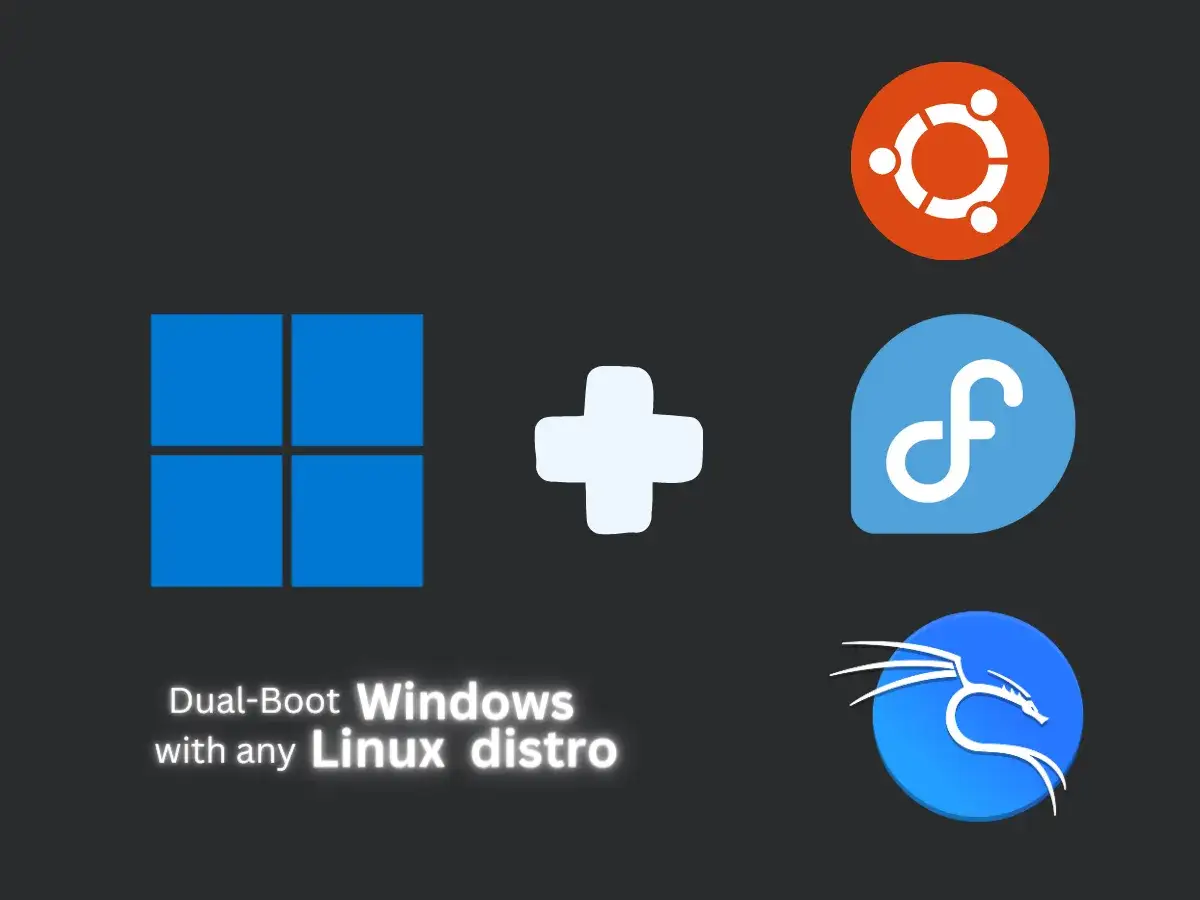 Windows-logotypen med ett plus och Linux-logotyper (Ubuntu, Fedora, Kali). M&ouml;jligg&ouml;r dual boot med valfri Linux-distribution.