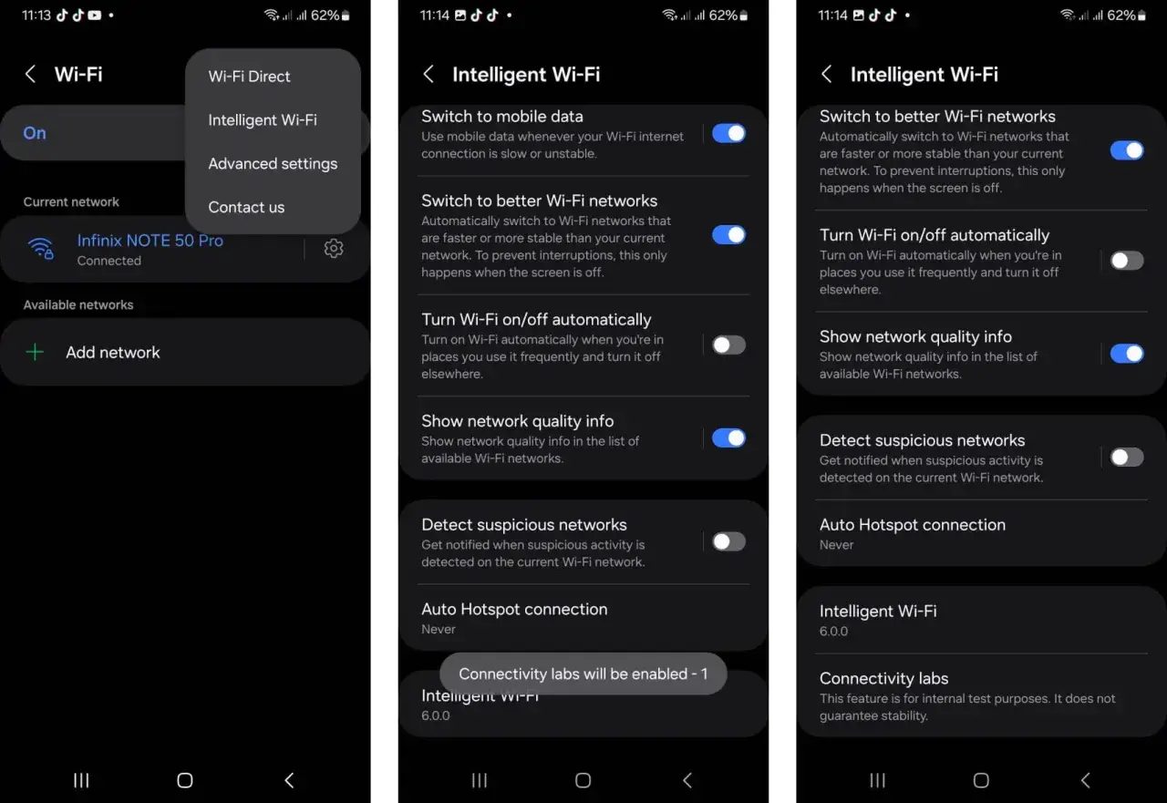 Samsung-inställningar för att dela internet via Wi-Fi. Intelligent Wi-Fi optimerar anslutningen.