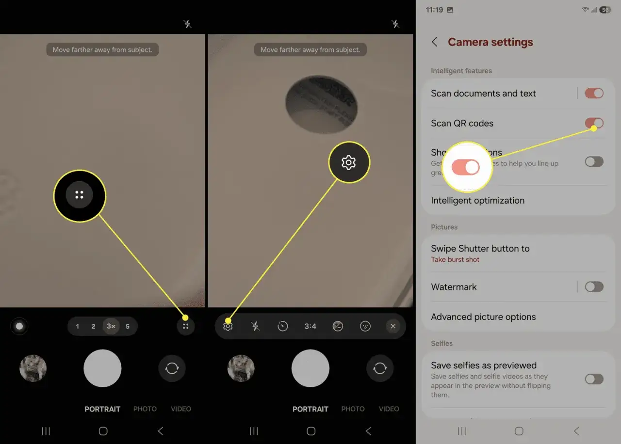 Inst&auml;llningar f&ouml;r Samsung-kameran visar hur man aktiverar skanna QR kod.