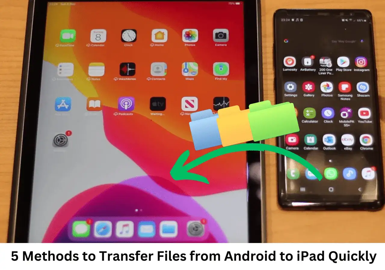 En iPad och en Android-telefon bredvid varandra, med en pil som visar fil&ouml;verf&ouml;ring.