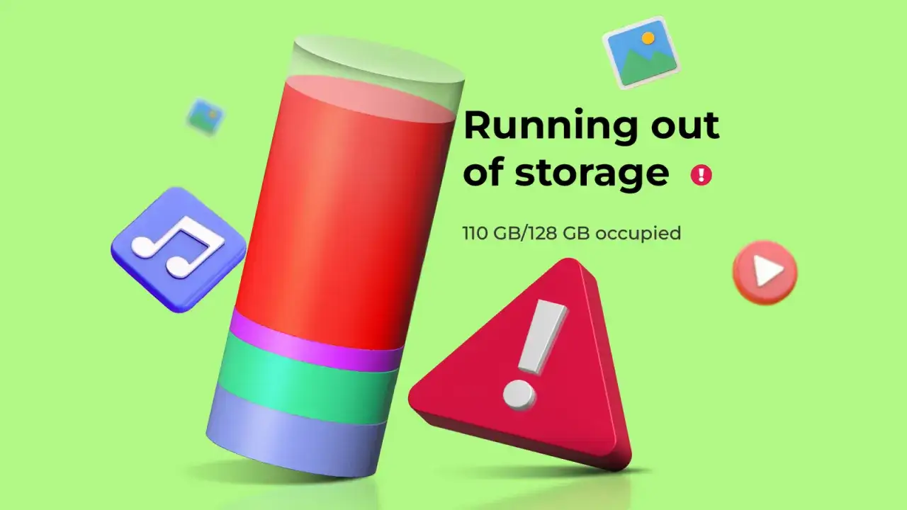 Varning! N&auml;stan slut p&aring; lagring. Dags att ta bort appar och frig&ouml;ra utrymme. 110 GB av 128 GB upptaget.