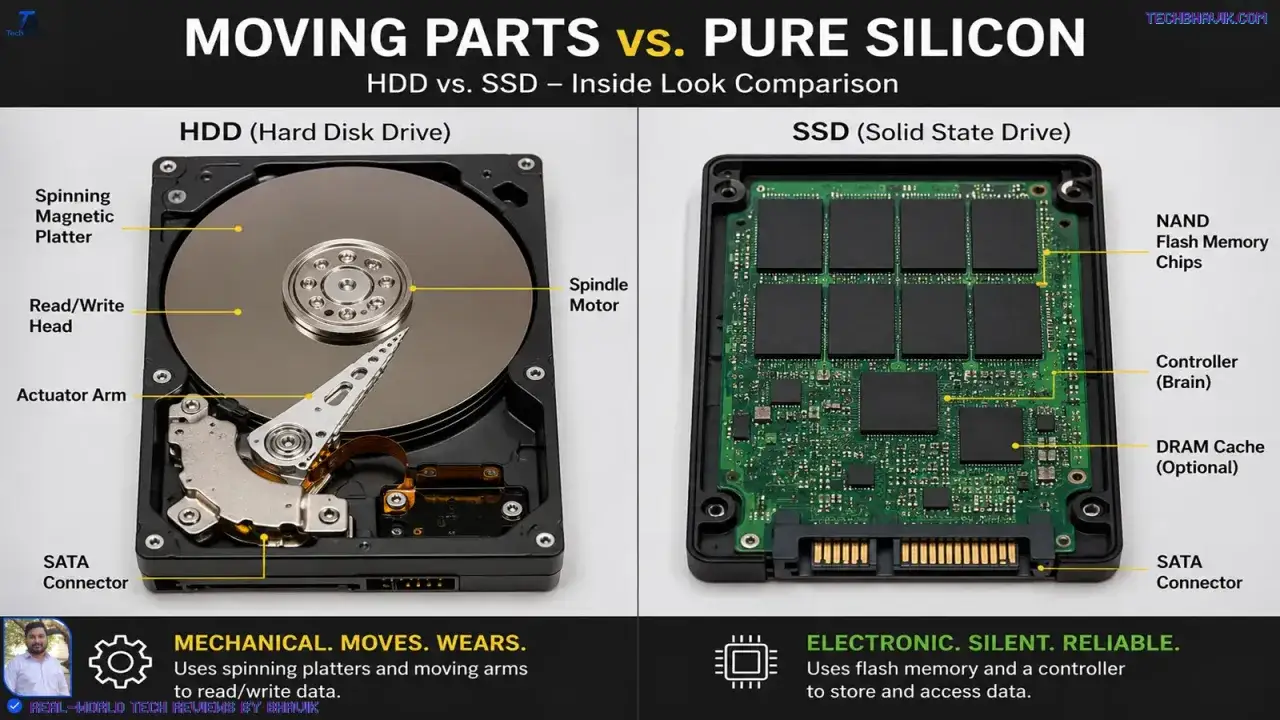 J&auml;mf&ouml;relse mellan en mekanisk h&aring;rddisk (HDD) med snurrande skivor och en SSD med flashminne. B&aring;da har SATA-kontakt.