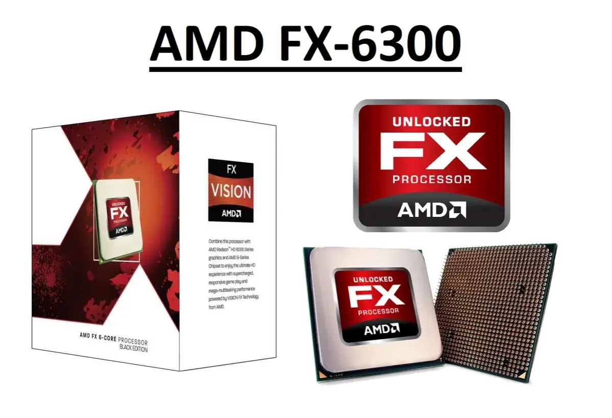 AMD FX-6300 processor, l&aring;st upp f&ouml;r prestanda. Bilden visar en l&aring;da, en logotyp och sj&auml;lva processorn.