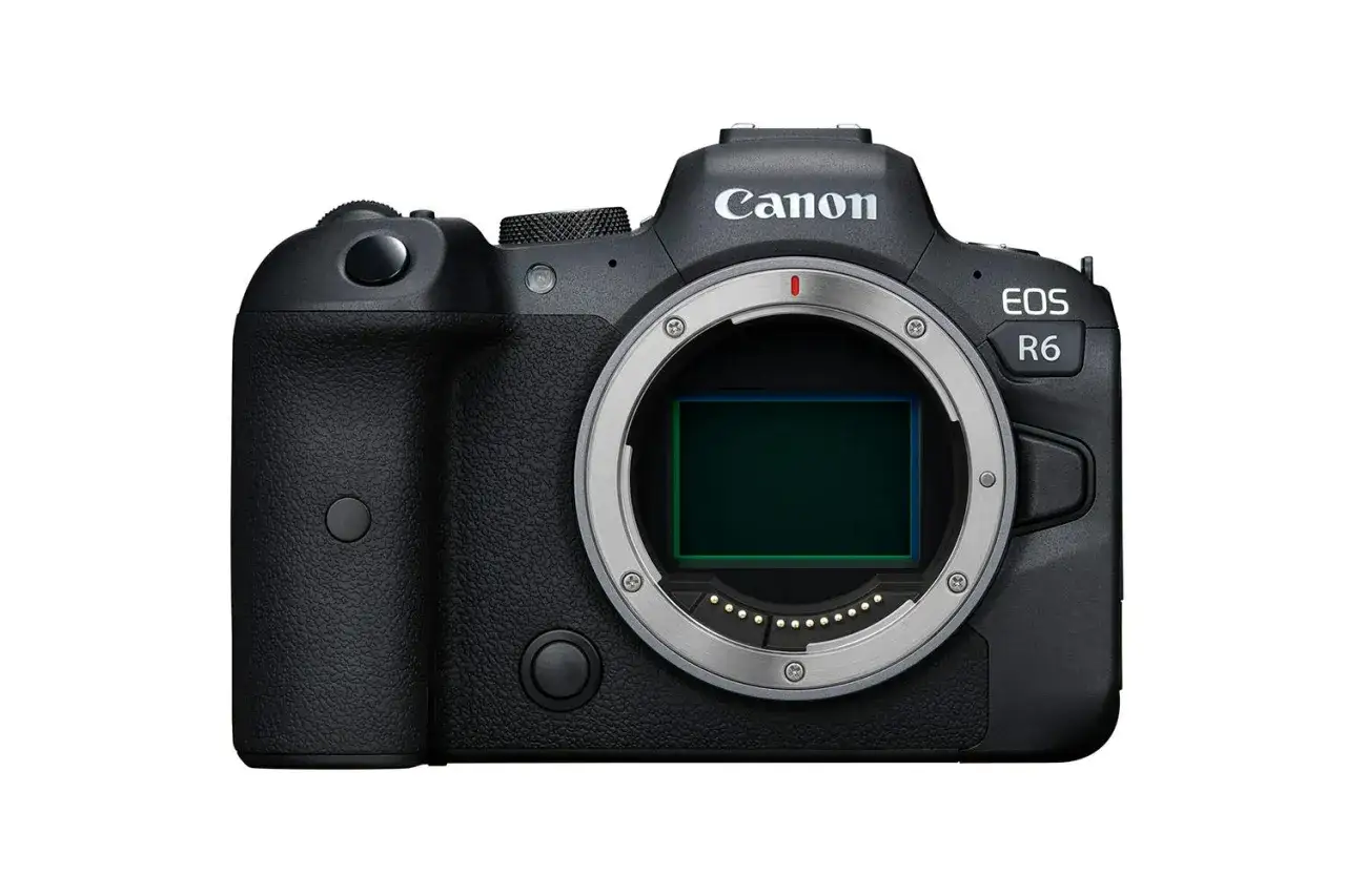En svart Canon EOS R6-kamera med objektivfattning. Denna moderna slutare kamera är redo att fånga dina bästa ögonblick.