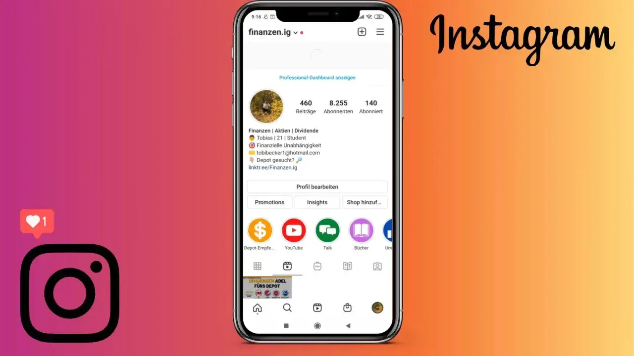 En mobiltelefon visar ett Instagram-flöde med ett finanskonto. Bilden visar reels med bilder och text om aktier och utdelningar.