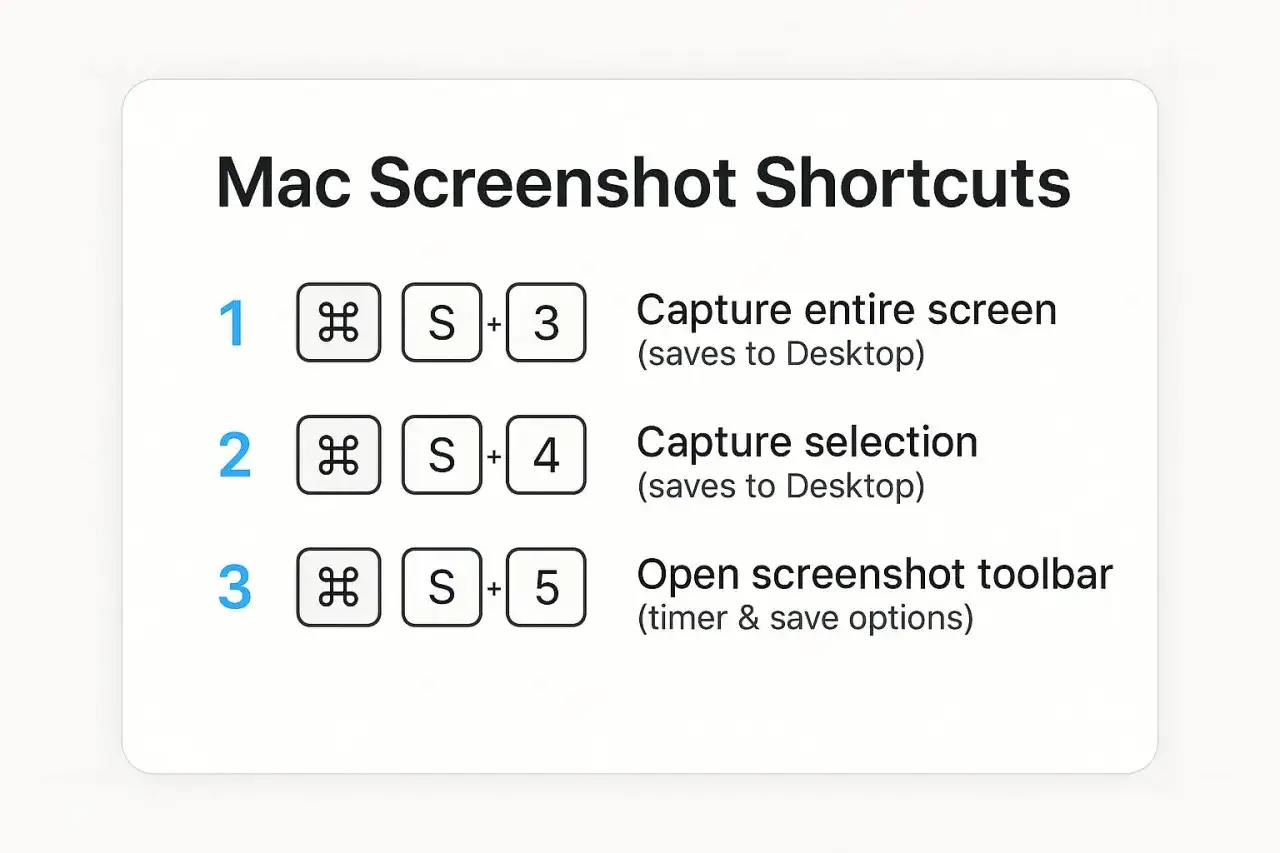 Printscreen p&aring; Mac: snabbkommandon f&ouml;r att ta sk&auml;rmdumpar. Cmd+Shift+3 f&ouml;r hela sk&auml;rmen, Cmd+Shift+4 f&ouml;r val, Cmd+Shift+5 f&ouml;r verktygsf&auml;lt.