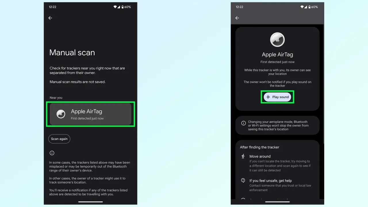 Android-app som hittar en Apple AirTag. Du kan spela ljud p&aring; den f&ouml;r att hitta den.