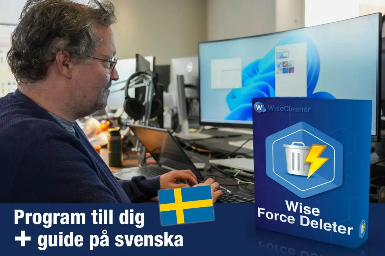 Man sitter vid datorn, redo att rensa datorn med Wise Force Deleter. Programmet och en guide på svenska.