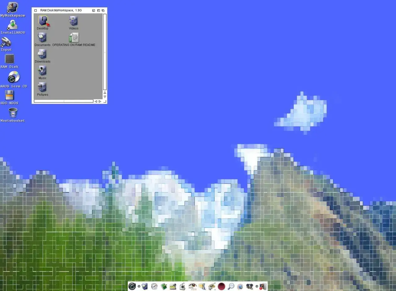 AROS operativsystem gratis, en pixelkonst-vy av berg och himmel med en &ouml;ppen mapp.