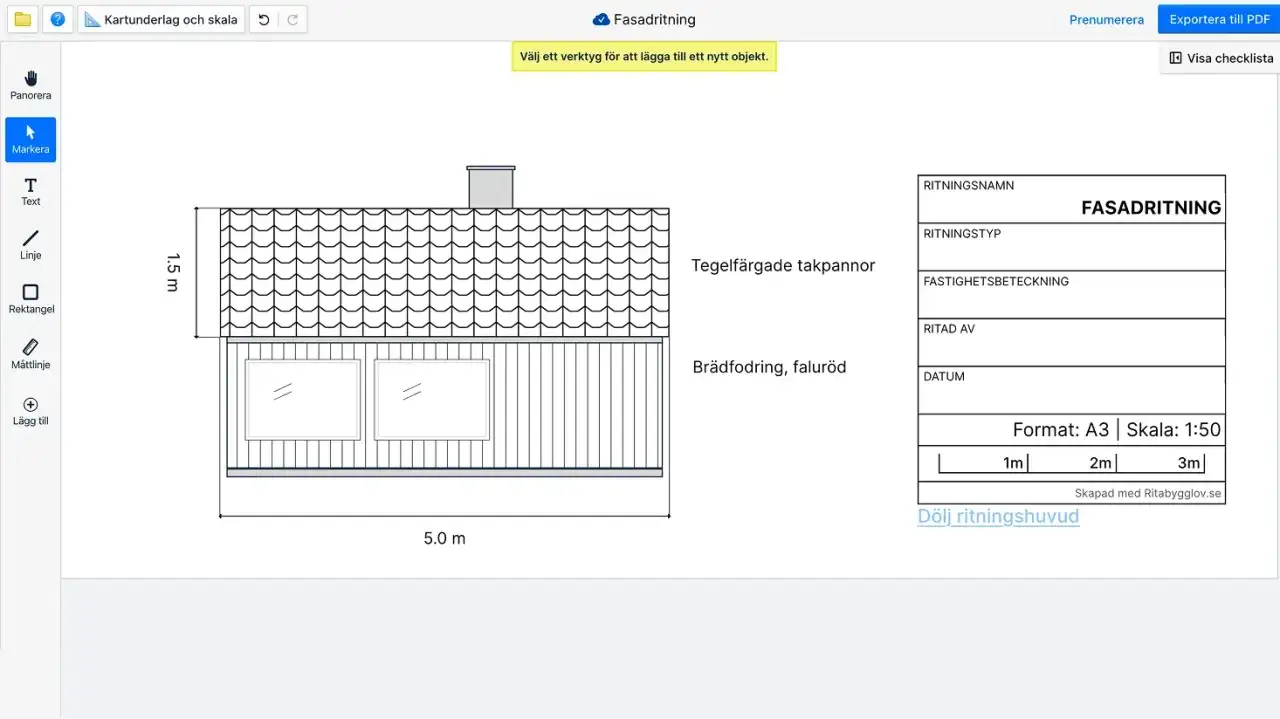 En fasadritning av ett hus med tegelfärgade takpannor och faluröd brädfodring, skapad i ett ritprogram online.
