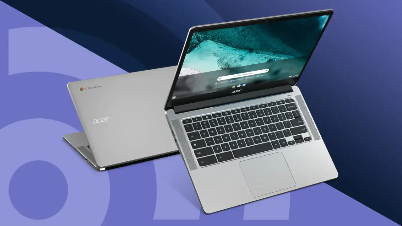 Tv&aring; silverf&auml;rgade Acer Chromebooks, en &ouml;ppen med sk&auml;rmen p&aring; och en st&auml;ngd. Kanske en av chromebook nackdelar &auml;r att de inte kan k&ouml;ra alla program.