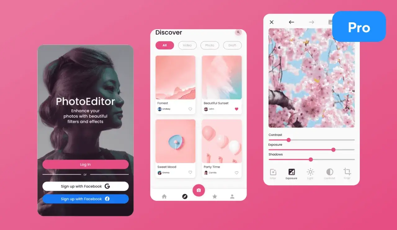 App f&ouml;r att redigera bilder gratis. Visa upp en mobilapp med inloggningssida, uppt&auml;ckssida med bilder och en redigeringsvy med k&ouml;rsb&auml;rsblommor.