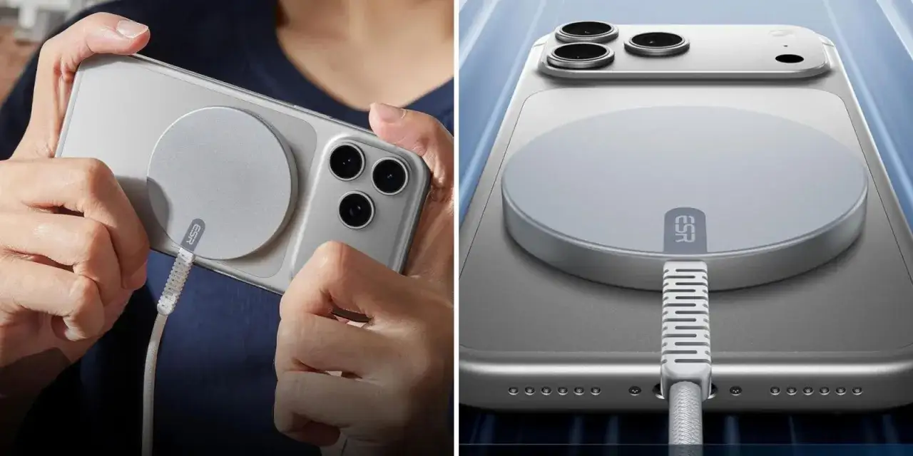 En person kopplar en rund, magnetisk laddare till en iPhone. Detta visar vad som menas med Magsafe &ndash; enkel och s&auml;ker laddning.