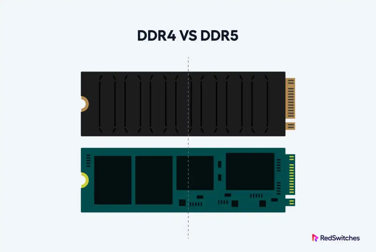 Jämförelse av DDR4 vs DDR5 RAM-moduler, där den övre är DDR4 och den nedre är DDR5.