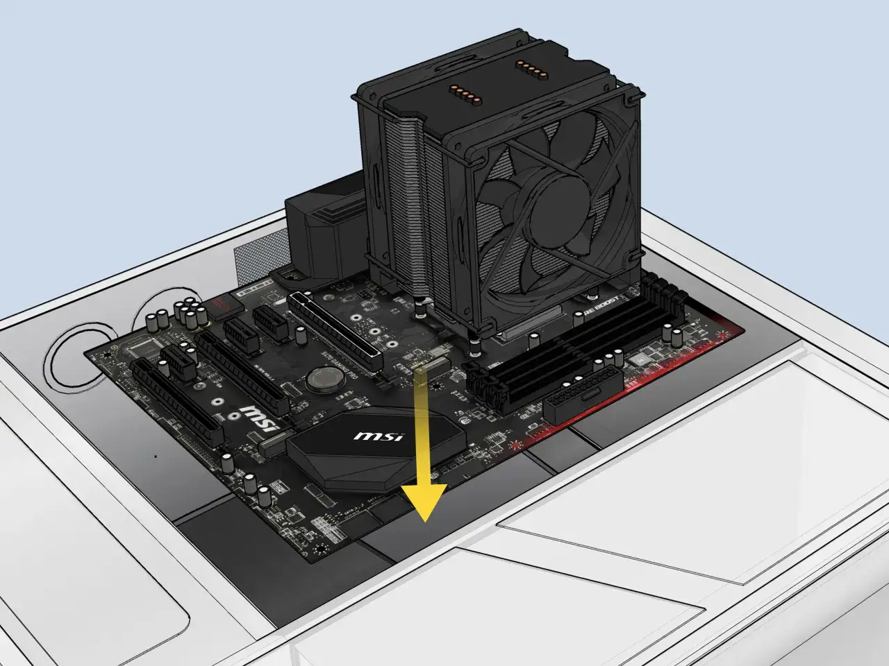 Montering av en stor CPU-kylare &ouml;ver moderkortet, redo f&ouml;r en Ryzen 7 5700X3D-processor.