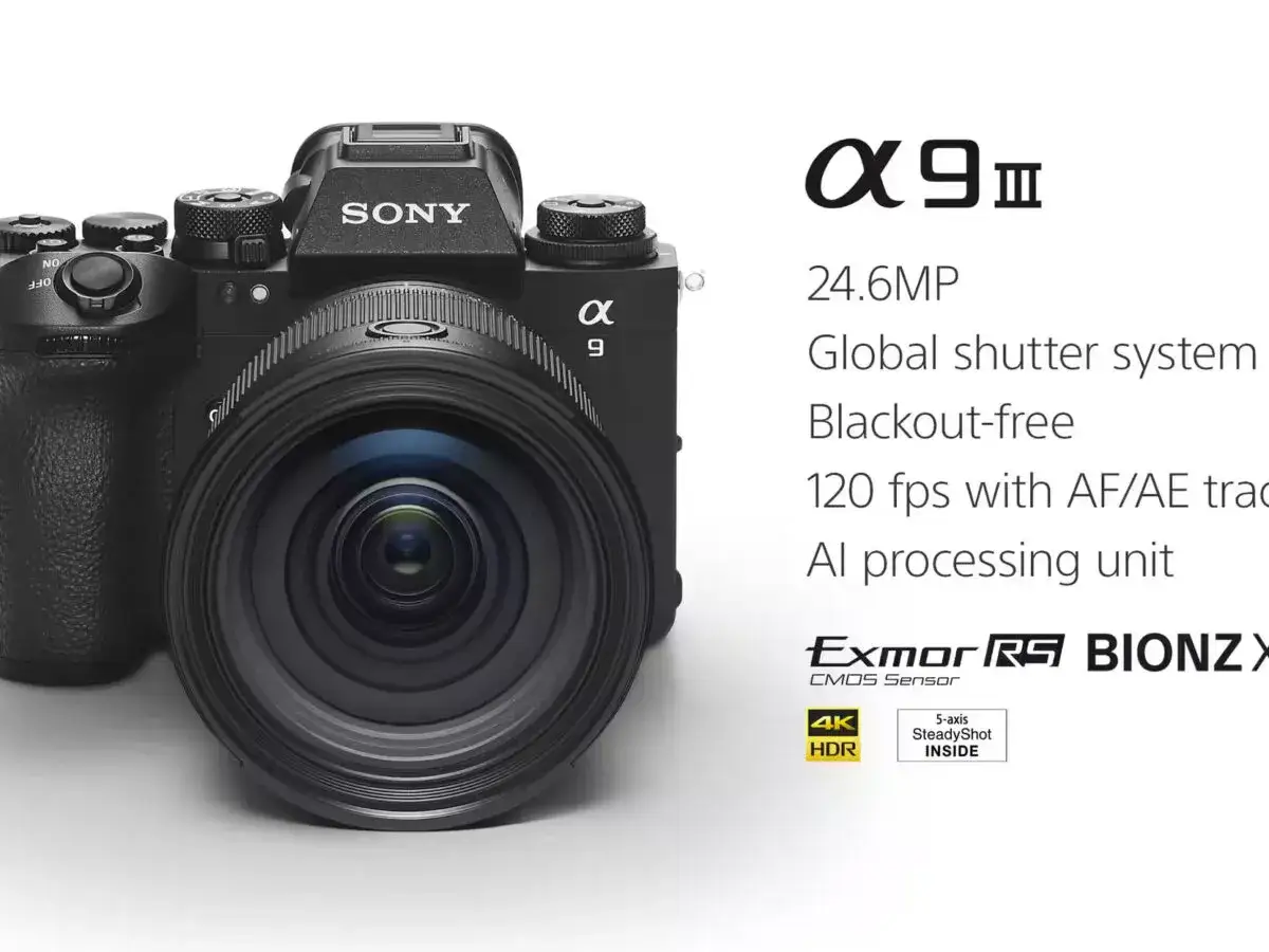 Sony a9 III, en professionell kamera med global slutare, 120 bilder/sek, AI-processor och 4K HDR.