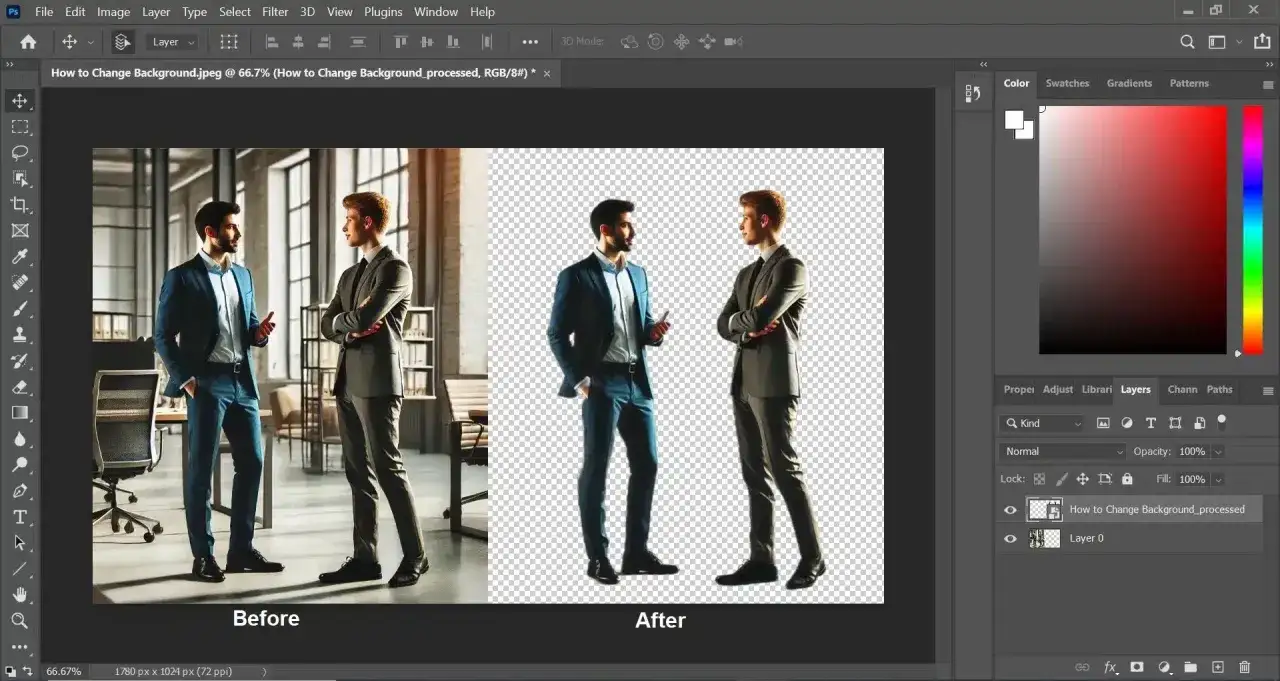 Två män i kostym, före och efter att ha fått sin bakgrund borttagen i Photoshop.