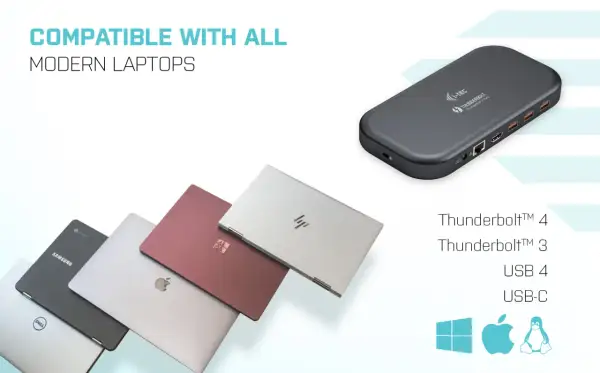 En mörkgrå dockningsstation med usb thunderbolt-portar, bredvid flera moderna laptops i olika färger.