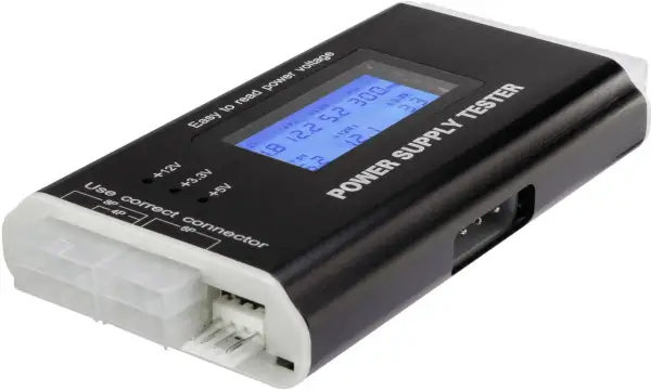 En svart och vit strömförsörjningstestare med en blå digital display som visar spänningsvärden. Perfekt för att snabbt utföra ett psu test.