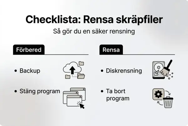 Checklista för att rensa datorn helt. Inkluderar backup, stänga program, diskrensning och ta bort program.