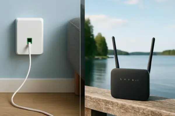 Välj mellan fiber eller mobilt bredband. En vit dosa med kabel på väggen och en svart router vid en sjö.