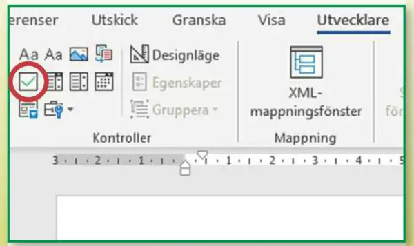 En bock i en cirkel, en del av en checklista i Word, under fliken "Utvecklare".