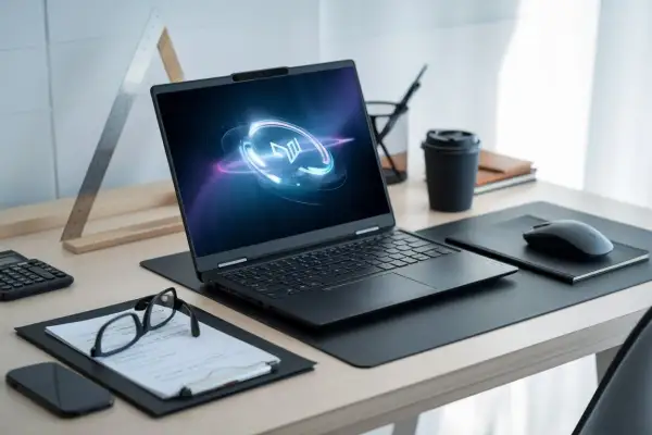 En HP Pavilion 15 laptop med en neonlogotyp på skärmen, bredvid glasögon, en mobiltelefon och en kaffekopp på ett skrivbord.