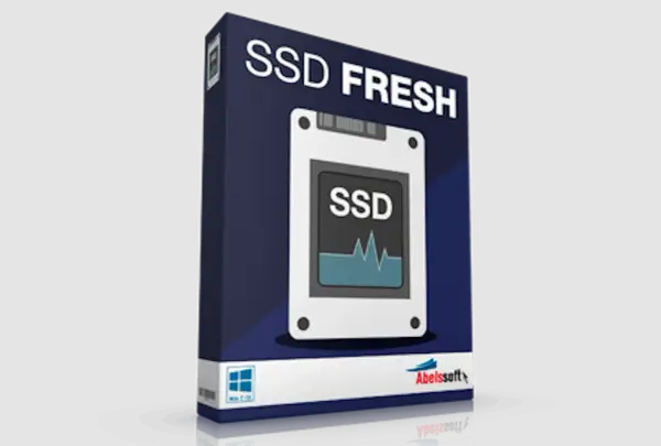 SSD FRESH-programvara för att defragmentera SSD. En stiliserad SSD-enhet visas på förpackningen.