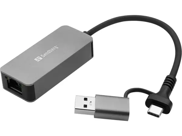 Sandberg nätverksadapter med USB-A och USB-C kontakter. Denna adapter visar vad betyder USB och hur det kan användas för att ansluta till nätverk.